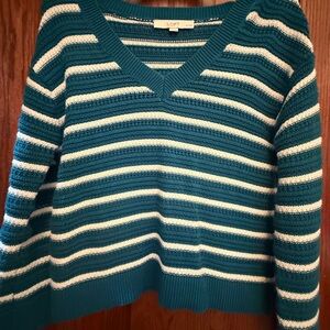 LOFT Women's Teal and White V-Neck Sweater